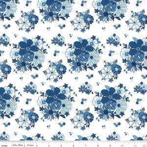 Blue Blooms and Threads Flowers in White