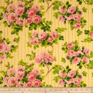 Glorious Garden Rose on Stripes in Yellow