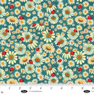 Luminous Haven Daisies  Ladybugs in Aqua