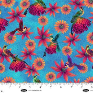 Luminous Haven Hummingbirds  Floral in Bright Blue
