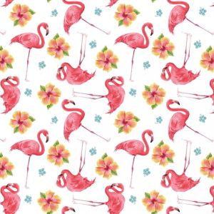 Pink Paradise Flamingoes and Hibiscus in White