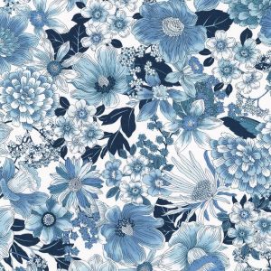 Vintage Petals  Paisleys Mixed Flowers in Blue