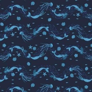 Mermaid in Blue Jeans Navy Waves