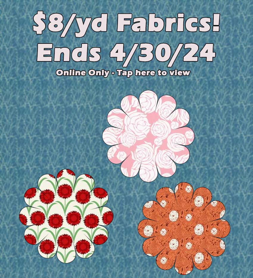 Annette Tatum, Felicity Miller and Deco State Fabrics at 8 dollars per yard until end of April 2024